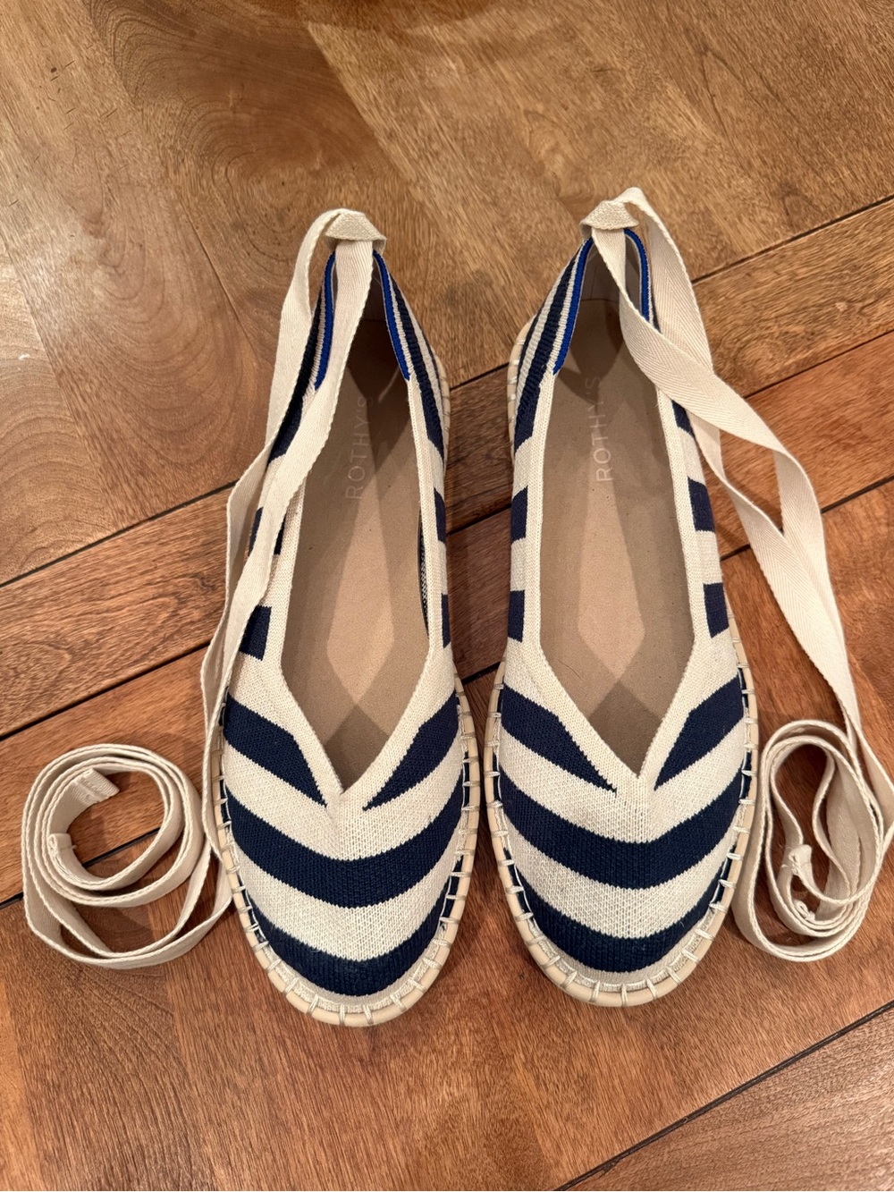 EUC Rothy’s The Espadrille Sailor Stripes | 10 | Removable Ankle Ties | Navy